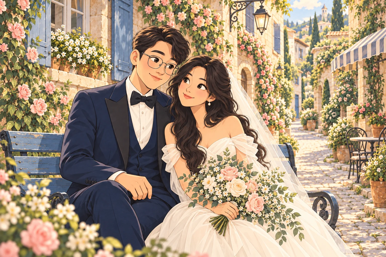 Phong and Uyên sitting together on a flower-filled old street