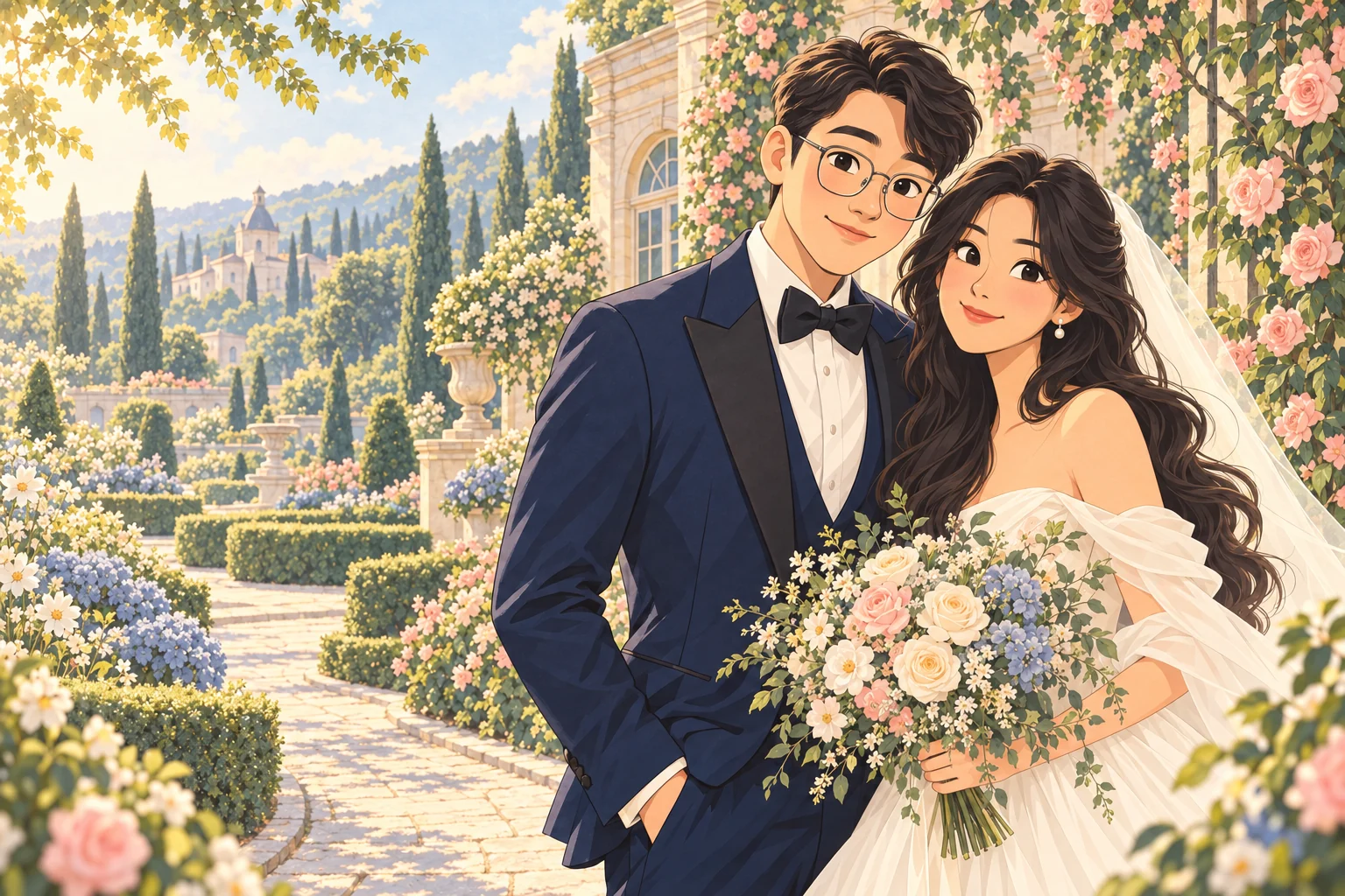 Illustration of Phong and Uyên in a blooming French garden