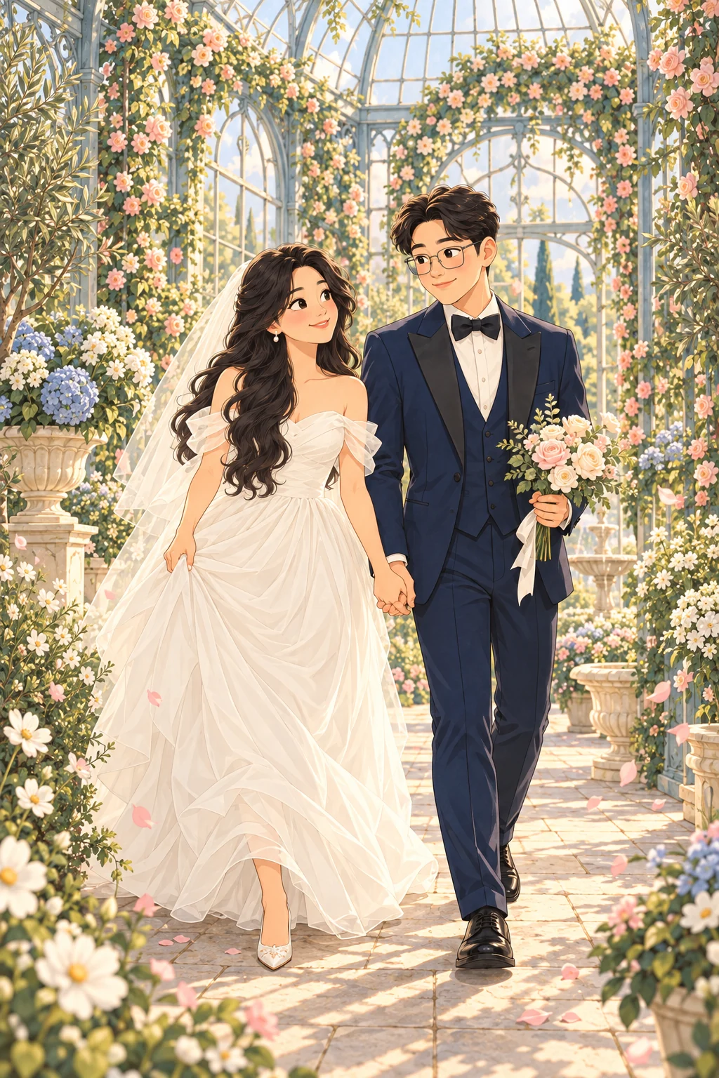 Phong and Uyên holding hands in a sunlit greenhouse