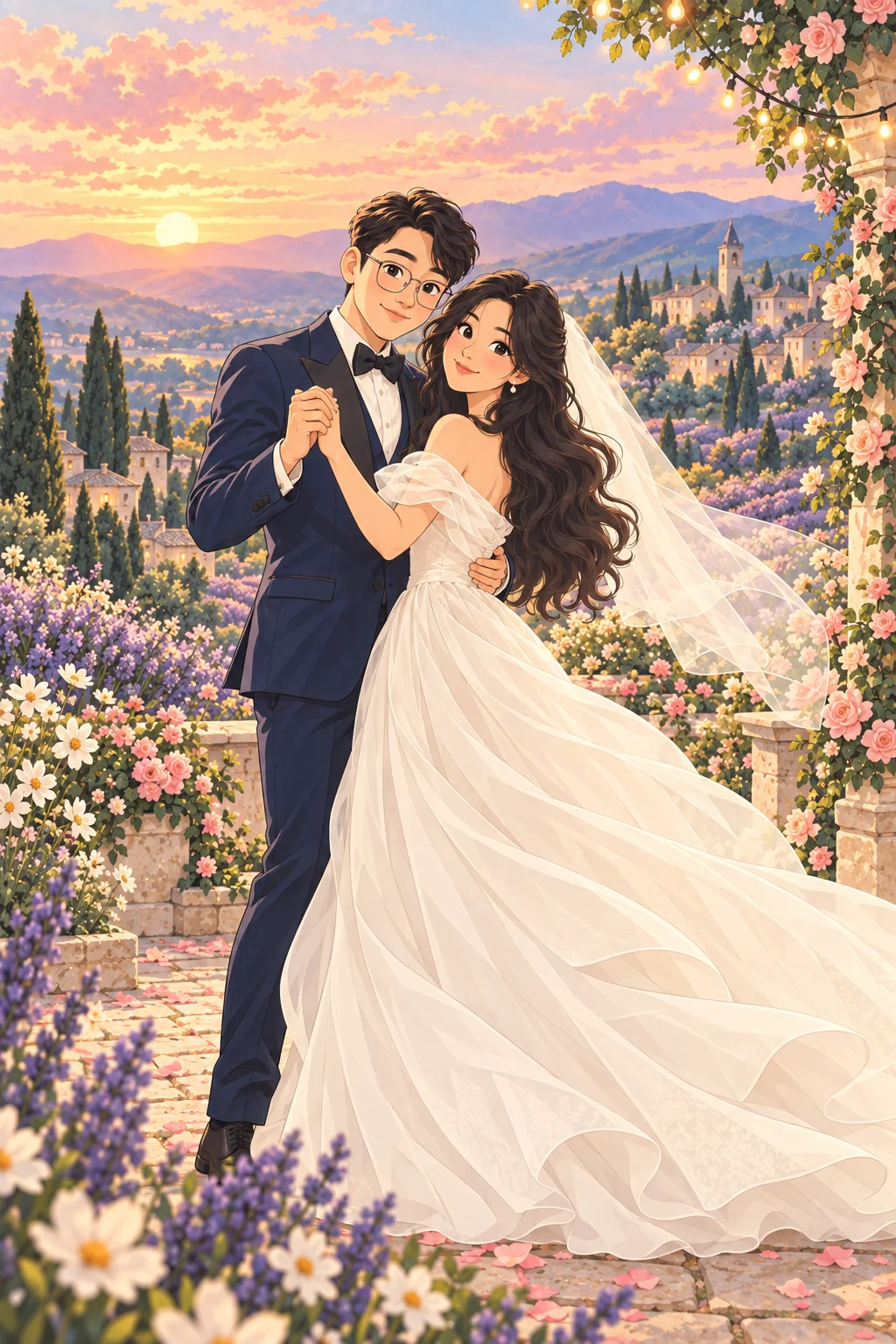 Phong and Uyên dancing among flowers at sunset